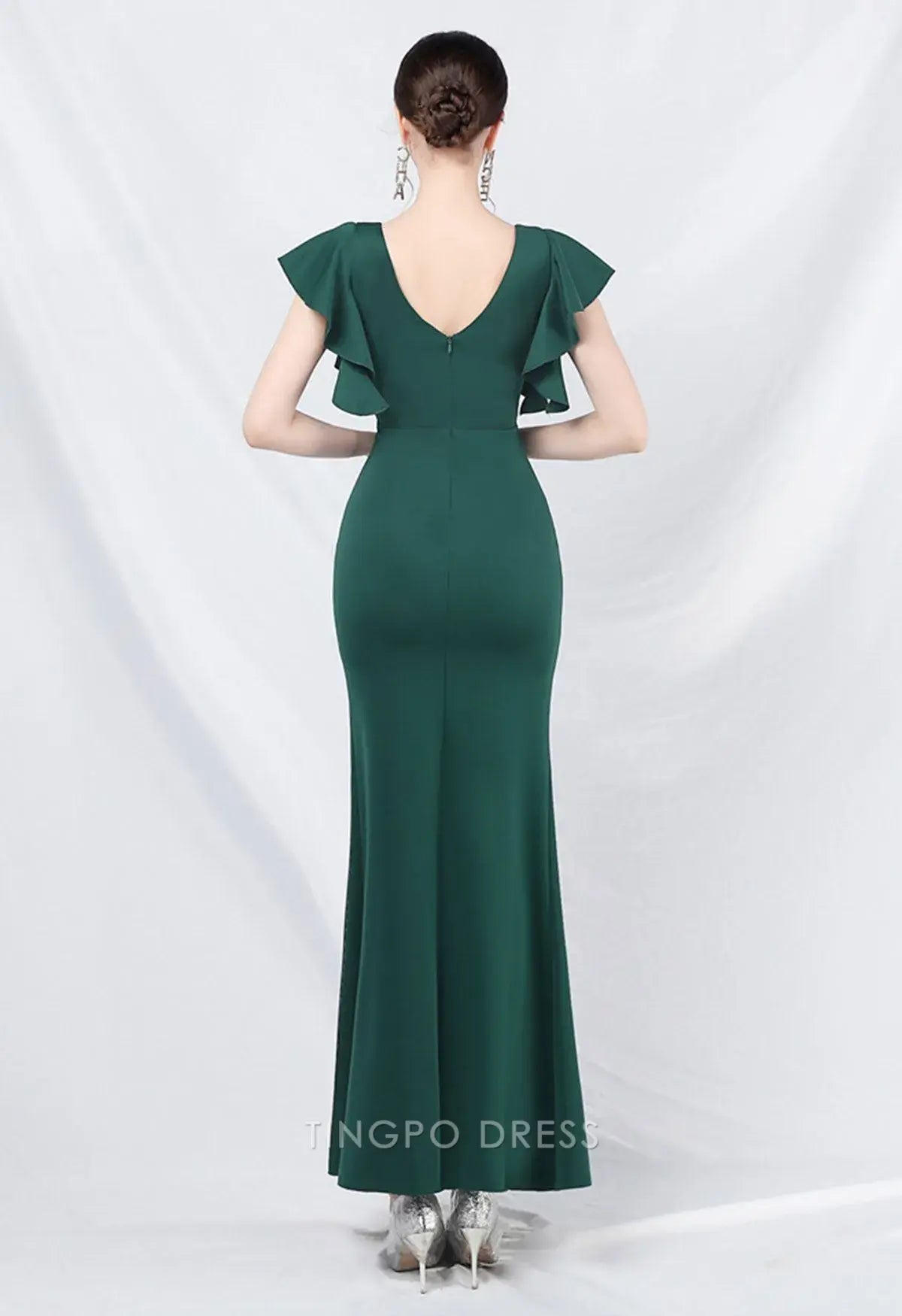 Elegant Mermaid Round Neck Ruffled Sleeve Side Slit Mermaid Maxi Dress Prom Dress